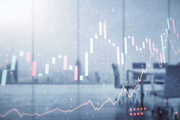 Abstract creative financial graph interface and world map on a modern conference room background, forex and investment concept. Multiexposure