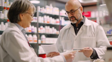 A man and a woman are browsing shelves filled with medicines in a busy pharmacy shop