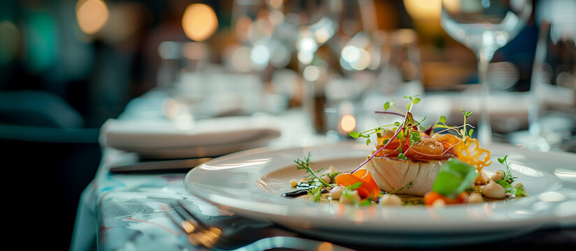 A close-up of a gourmet meal plated artistically on fine porcelain, featuring delicate garnishes and vibrant colors, in a refined dining setting, natural light, soft shadows, blurr