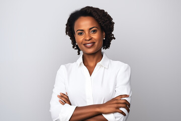 portrait of a young African American businesswoman wearing a white shirt on an isolated white background