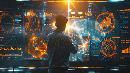 The image shows investors engaging in activities related to technology, the stock market, gold, and graphs in graphic form.