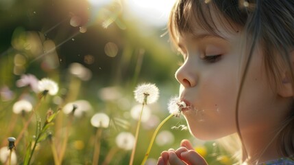 A young girl with flowing hair blows on a dandelion in a field of colorful flowers. Her eyelashes flutter as she enjoys the beauty of nature, surrounded by grass and water AIG50