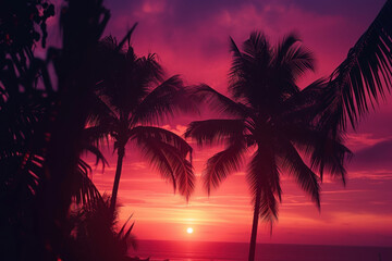Tropical Sunset with Silhouetted Palm Trees Against a Vivid Purple Sky, Romantic Evening Atmosphere