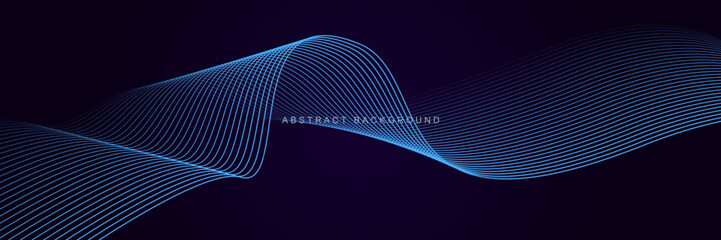 Dark purple abstract background with glowing waves. Shiny lines design element. Modern blue gradient flowing wave lines. Futuristic technology concept. Vector illustration