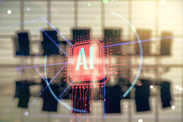 Double exposure of creative artificial Intelligence abbreviation hologram on a modern boardroom...