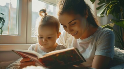 A mother and child enjoying a quiet moment reading a book together at home