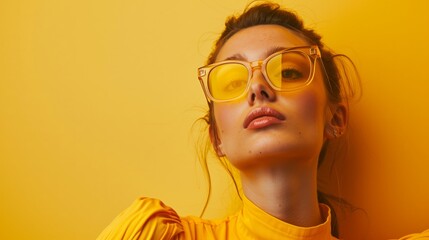 Young woman models yellow tinted glasses, complementing her yellow top against a monochrome background. Great for fashion accessories advertising