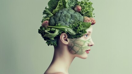 A minimalist portrait of a woman, her head artistically replaced with a neatly organized vegetable brain, emphasizing mental order