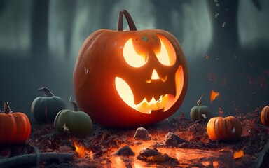 halloween pumpkin,The image features a row of pumpkins in various shades of orange and green, arranged horizontally across the bottom. There are also autumn leaves scattered throughout the image, with