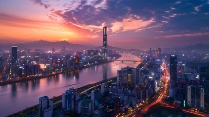 Naklejka premium Captivating Aerial Perspective of Seoul's Glimmering Cityscape at Dusk