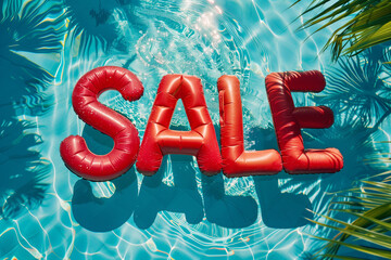 Bright red inflatable SALE letters floating on the surface of a swimming pool, framed by palm fronds, perfect for retail promotions, summer sales advertisements, and event marketing