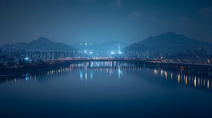 Glowing Metropolis Reflected in Tranquil River at Moonlit Night