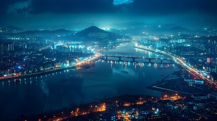 Obraz premium Enchanting Nighttime Cityscape of Seoul with Glowing Lights Reflected in the Han River and Misty