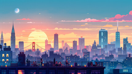 A panoramic illustration of a city skyline with landmarks from around the world