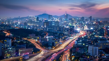 Obraz premium Bustling Futuristic Cityscape with Illuminated Highways and Towering Skyscrapers