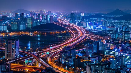 Futuristic Seoul Skyline with Illuminated Highways and Rapid Transit