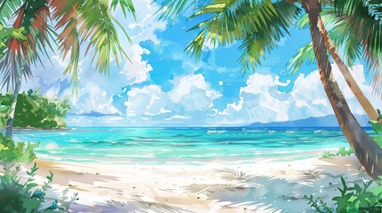 tropical paradise beach with palm trees and blue sky