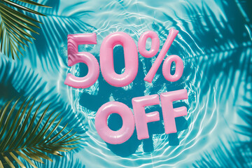 Pink inflatable 50% OFF letters floating in a crystal-clear pool, ideal for capturing attention in promotional materials for sales, discounts, or retail events