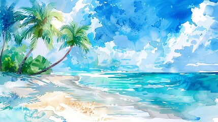 Fototapeta na wymiar tropical paradise beach with lush palm trees and crystal blue water