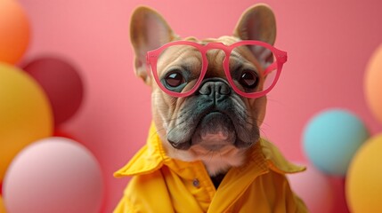 French Bulldog in a yellow raincoat and stylish glasses, posing with balloons
