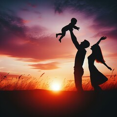 couple dancing on the beach, silhouette of a family at sunset, 