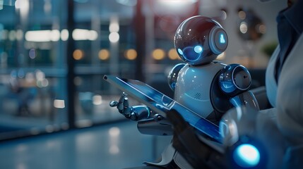 Obraz premium Professional Using Advanced Chatbot Technology for Customer Support in Modern Office Setting