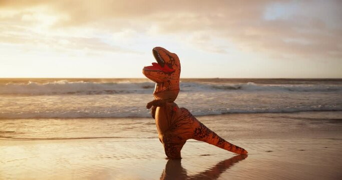 Costume, dinosaur and person running on beach at sunset for cardio, comedy or fitness in summer. Exercise, nature and wellness by ocean with adult athlete in t-rex outfit for workout as runner