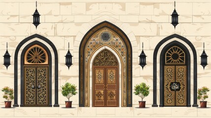 Elegant ramadan kareem  abstract islamic interior with lanterns, arches, doors, and plants