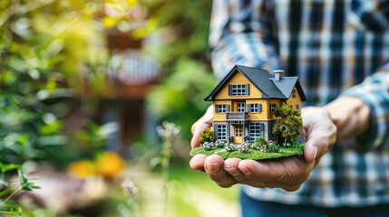 A person delicately cradles a small house in their hands, symbolizing the concept of homeownership and the real estate industry