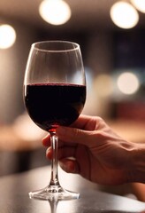 A glass of red wine in hand, bokeh
