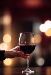 A glass of red wine in hand, bokeh
