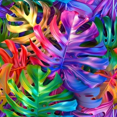 Rainbow Monstera Leaf Seamless Pattern, Texture Exotic Tropical Plant, Modern Rainbow Monstera Tile