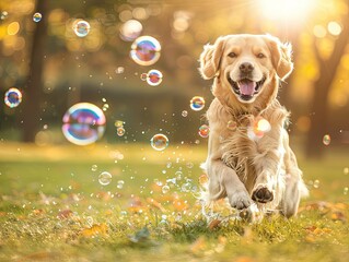 A happy dog running towards the camera chasing colorful bubbles on a sunny day.