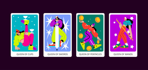 Tarot cards flat deck cartoon. Minor Arcana Suit of Queen of Cups, Swords, Pentacles and Wands Tarot Cards.
