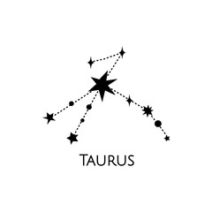 Constellation of Taurus. Vector illustration. Zodiac sign. Black and white stars. Line art tattoo, Spirituality, magic