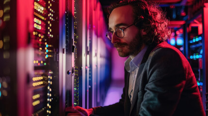 A technician with glasses works on server equipment in a vibrant, illuminated server room