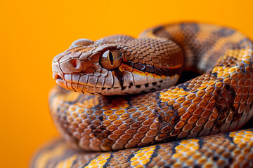 Fototapeta premium Close-Up Portrait of a Colorful Corn Snake on a Vibrant Orange Background