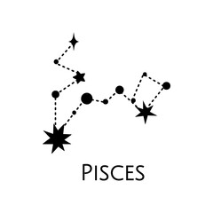 Constellation of Pisces. Vector illustration. Black and white stars. Line art tattoo, Spirituality, magic