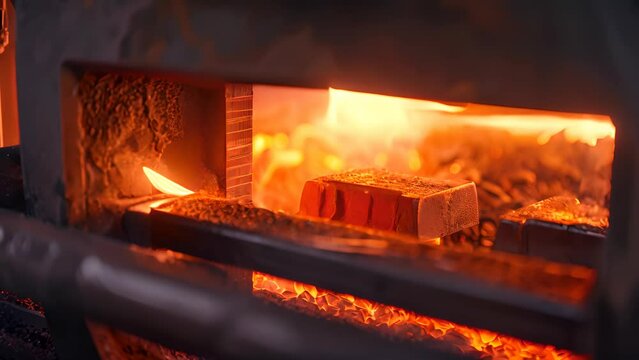Close-up of a metal heat treatment furnace, glowing with intense heat as it alters metal properties.