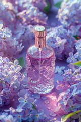 Perfume Bottle Surrounded by Lilac Flowers in Springtime