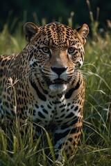 Obraz premium a majestic leopard in high grass, natural habitat, stock photo, background image, wallpaper