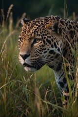a majestic leopard in high grass, natural habitat, stock photo, background image, wallpaper