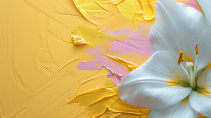 Vibrant White Lily on Textured Yellow and Pink Abstract Background - Ideal for Artistic Decor and Wallpapers
