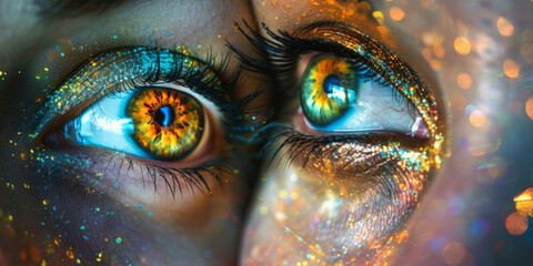 Enchanting Close-up of Sparkling Eyes Illuminated with Vibrant Colors and Glitter