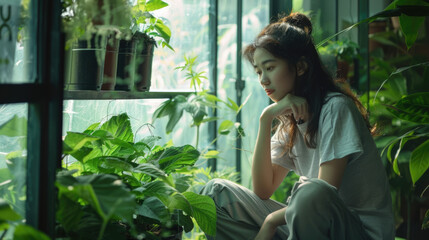 Obraz premium A woman is seated in front of a window, enclosed by various lush plants