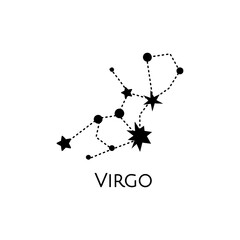Constellation of Virgo. Vector illustration. Zodiac sign. Black and white stars. Line art tattoo, Spirituality, magic