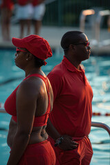 A couple of individuals standing together in front of a pool, looking towards the water