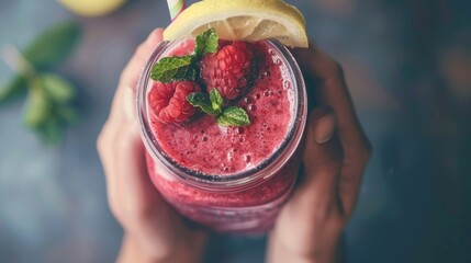 Hands holding a mason jar filled with a vibrant pink berry smoothie, topped with a sprig of mint and a slice of lemon for an extra burst of flavor. - obrazy, fototapety, plakaty