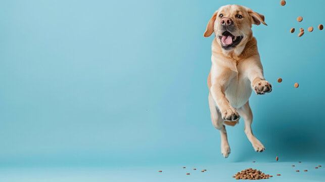 joyful labrador jumping for treats against blue background, happy and playful, copy space for text