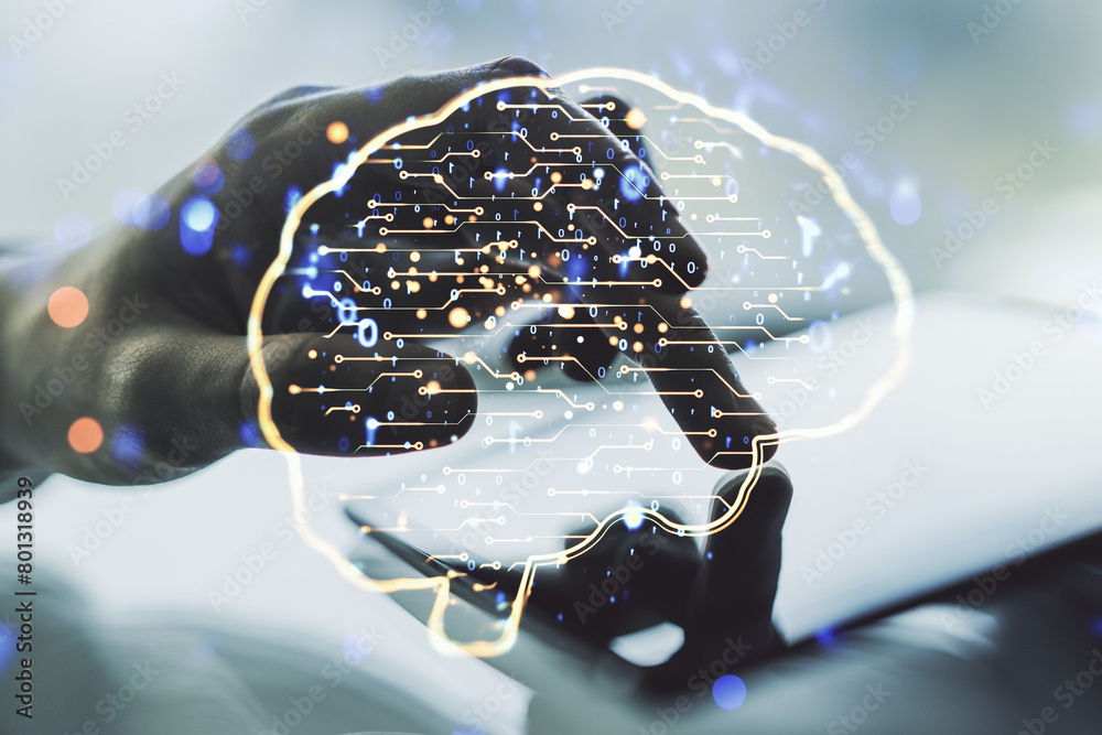 Poster creative artificial intelligence concept with human brain sketch and finger presses on a digital tab